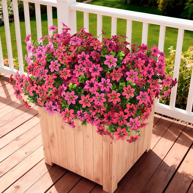 Artificial Flowers Faux Plants for Outdoor Fake Flower Spring Decoration, 12 Bundles Silk Daisy Bulk UV Resistant Realistic for Outside Porch Patio Balcony Planter Yard Garden Home Decor(Pink)