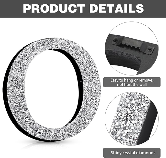 Qunclay 8'' Silver Crystal Diamond Bling Letters Crushed Diamond Decoration Wooden Glitter Letter with Screw and Hooks Rhinestone Gift for Wedding Y2k Mcbling Bedroom Wall Decor (Letter O)