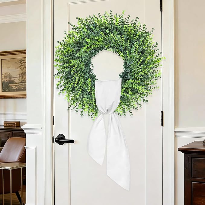 HUZIYAHAN 28In Large Boxwoods Door Wreaths for Front Door Spring Summer Outside All Season Green Year Round Artificial Greenery Wreath for Wall Window Rustic Farmhouse Home Outdoor Indoor Decorations