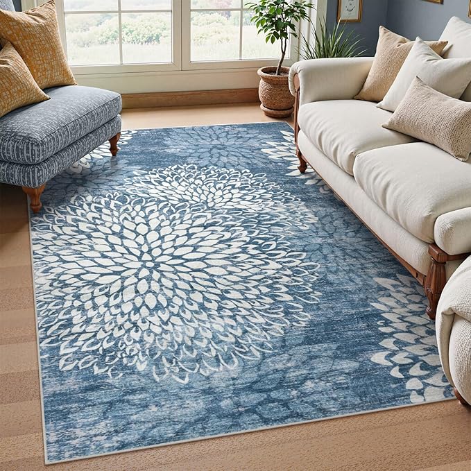 Dahlia 5x7 Blue Floral Rug for Bedroom, Low Pile Soft Washable Area Rugs for Living Room, Boho Non Slip Large Blue Carpet, Stain Resistant Throw Rug for Dining Room Home Office