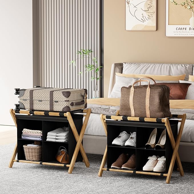 Luggage Rack for Guest Room, Folding Suitcase Stand with Fabric Storage Shelf, Upgraded Bamboo Luggage Holder, Steel Foldable Luggage Stand for Guest Room, Bedroom, Hotel, Natural