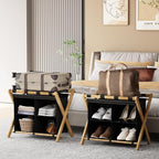 Luggage Rack for Guest Room, Folding Suitcase Stand with Fabric Storage Shelf, Upgraded Bamboo Luggage Holder, Steel Foldable Luggage Stand for Guest Room, Bedroom, Hotel, Natural