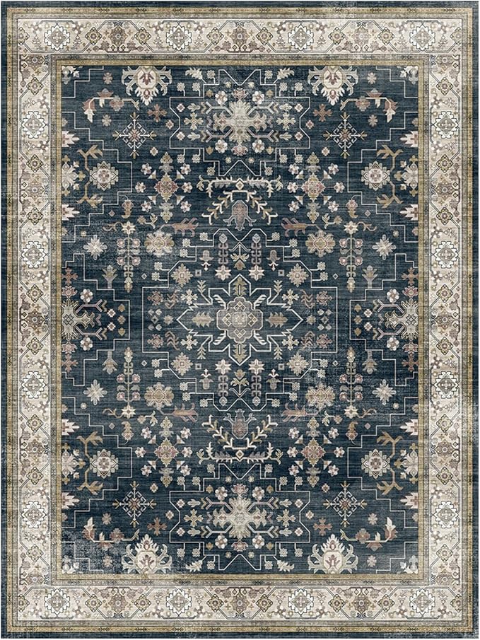 Lessymo 9x12 Area Rugs for Living Room, Large Stain Resistance Washable Rug for Bedroom Dining Home Office, Soft Non-Slip Vintage Floral Oushak Carpet, Boho Moody Farmhouse Decor, Black Brown