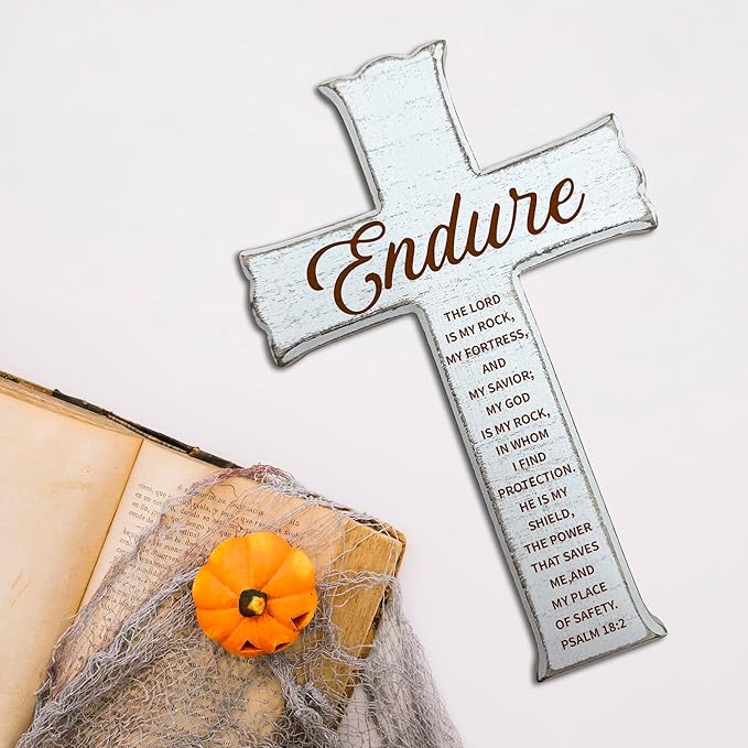 dsjaidh Cross Wall Decor - White Scripture Wooden Cross For Wall - Minimalist Wooden Hanging Signs Christian Easter Decor for Home Office Church Baptism - Christian Gifts for Men Women (Endure)- A01