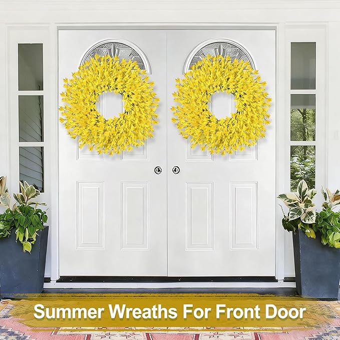 26 Inch Spring Wreaths for Front Door Large Easter Valentines Forsythia Floral Summer Spring Door Wreaths Outdoor All Season Spring Decorations for Home Porch Room Window Wall Farmhouse Decor (Yellow)