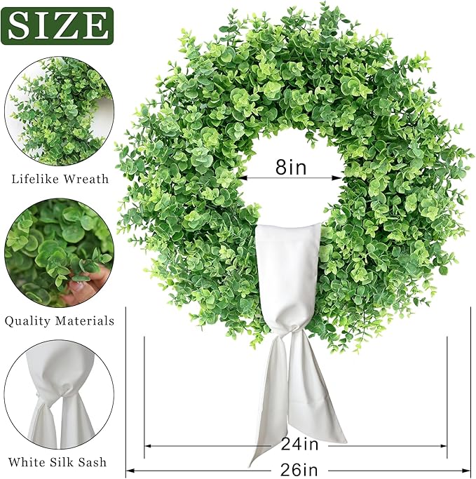 26" Artificial Eucalyptus Wreath with Sash for Front Door, Porch, Window - Large Faux Eucalyptus Leaves Greenery Outdoor Wreath for Home, Farmhouse Decor - Spring, Summer, All Seasons (Green)