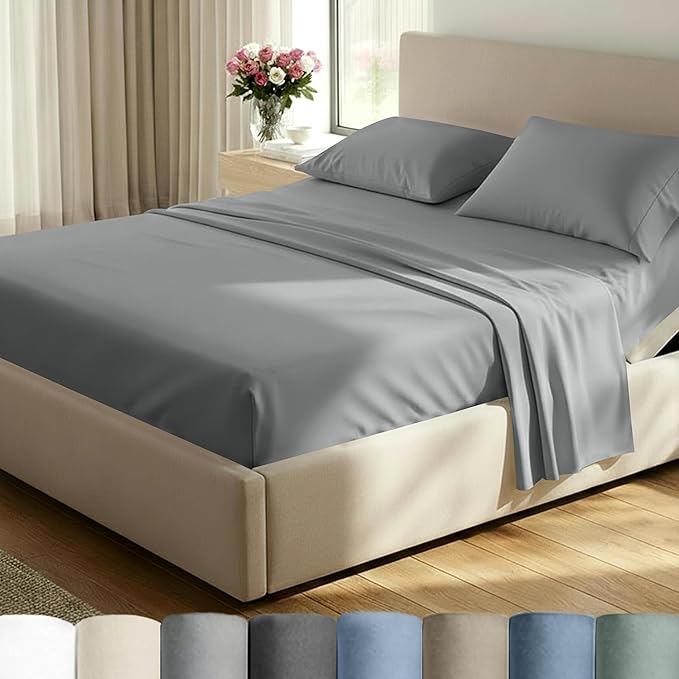 California Design Den Split King Sheet Set - 100% Cotton, 600 Thread Count, Breathable Luxury King Size Sheets for Adjustable Bed, Luxury Hotel-Quality Sheets with Soft Sateen Weave - Mist Grey
