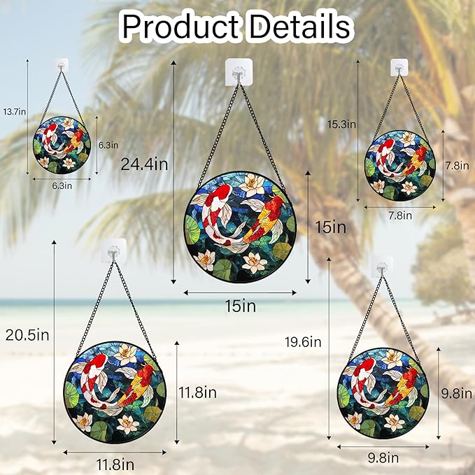 Stained Glass Window Hanging, Koi and Lotus Sun Catcher for Door Home Decor Fish Suncatcher Christmas Mother's Day Birthday Gifts for Women Men Mom and Nana 7.8 in