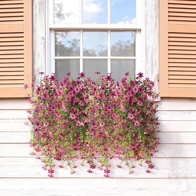 Artificial Hanging Flowers for Outdoors, 2 Pcs Fake Hanging Flowers Spring Summer Decor, UV Resistant Faux Artificial Outdoor Plants for Planter Front Door Porch Patio Garden Yard(Gradient Purple Red)