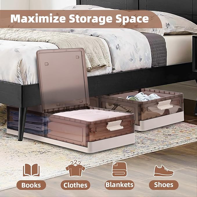 FAHKNS 2 Pack Under Bed Storage with Wheels, 15.2Gal Stackable Under Bed Storage Containers with Lids, Plastic Collapsible Organizer for Clothes and Shoes, Grey