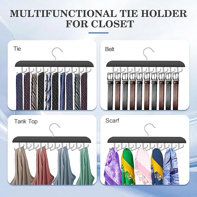 Tie Rack Hanger for Closet 20 Foldable Hooks, 2 Pack Wooden Non Slip Large Capacity Space Saving Tie and Belt Organizer with 360°Rotating Hooks for Tank Tops Bras Scarves Hat
