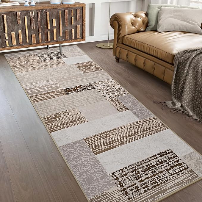 FlyDOIT Modern Geometric Patchwork Area Rug, 2x6 Beige Runner Rugs for Living Room, Rockwood Collection Indoor Rugs for Bedroom, Throw Carpet Floor Decor for Entryway Dining Room Office Nursery