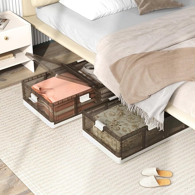 Giantex 53Gal Under Bed Storage Containers, 4 Pack Stackable Rolling Plastic Storage Boxes with Wheels & Lids, Clear Collapsible Storage Bins for Clothes, Shoes, Blankets (2)