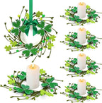 6 PCS Mini St. Patrick's Day Felt Shamrocks Wreath for Front Door St. Patrick's Day Kitchen Cabinet Wreaths Decorations with Ribbon Small Spring Green Irish Clover Berry Wreath for Porch Wall Window