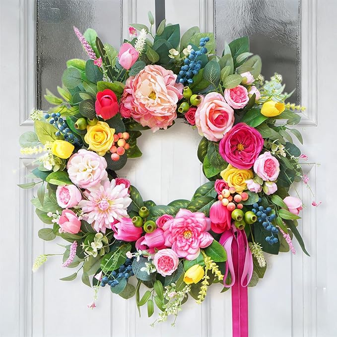 24 Inch Summer Wreaths for Front Door, Handcrafted Summer Wreath with Luxury Dahlias, Peony, Tulips & Roses, Summer Door Wreath for Holiday Farmhouse Indoor Outdoor Wall Home Decor