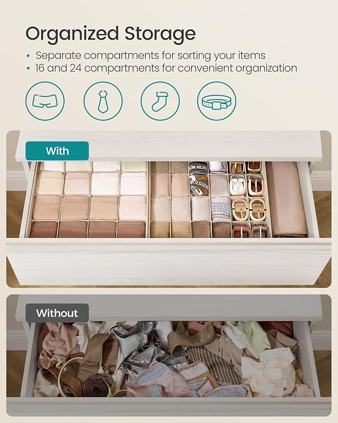 SONGMICS Set of 4 Drawer Organizers, Closet Organizers for Underwear, 80 Cells, Foldable Sock Holders, 11.8 x 11.8 x 3.9 Inches, for Storing Socks, Ties, Belts, Sand Beige URUS011K01