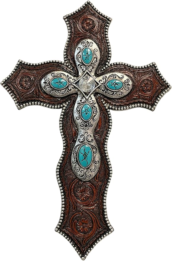 De Leon Collections 14232 Vintage Ornate Layered Leather Pattern Turquoise, Brown, Silver Tone 11.6 Inch Polyresin Southwestern Rustic Decorative Home Décor Hanging Sculpture Wall Cross
