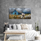 Rustic Farmhouse Wall Art Cow and Blue Barn Canvas Pictures Country Landscape Wall Decor Wildflower Field Painting Farm Animal Artwork for Living Room Dining Room Bedroom Home Decoration 29.53x 57.87"