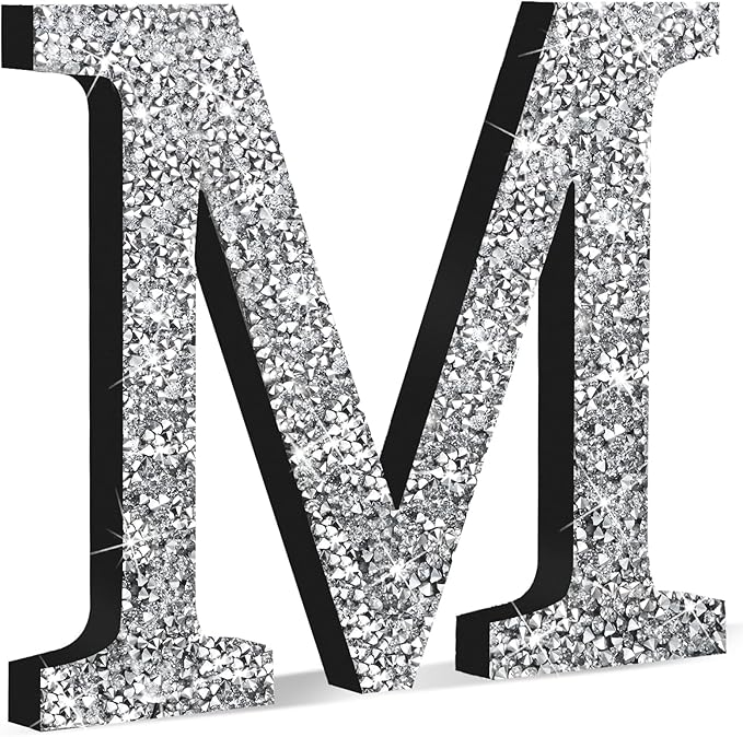 Qunclay 8'' Silver Crystal Diamond Bling Letters Crushed Diamond Decoration Wooden Glitter Letter with Screw and Hooks Rhinestone Gift for Wedding Y2k Mcbling Bedroom Wall Decor (Letter M)