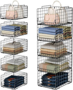 5-Tier Stackable Closet Organizer Shelf – Foldable Metal Storage Bins for Clothes, Sweaters & Towels | Stylish Black Wire Baskets for Bedroom, Wardrobe, Dorm or Entryway