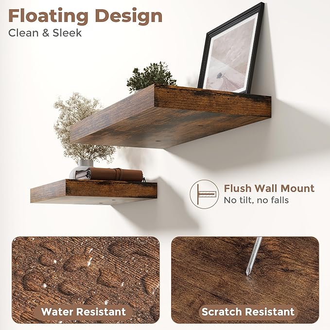 40 Inch Long Floating Shelves for Wall 2 Pack, 12"D Wood Grain Bathroom Shelves with Invisible Brackets, Easy Install Engineered Wood Storage Shelves for Kitchen, Living Room, Bedroom, Rustic Brown