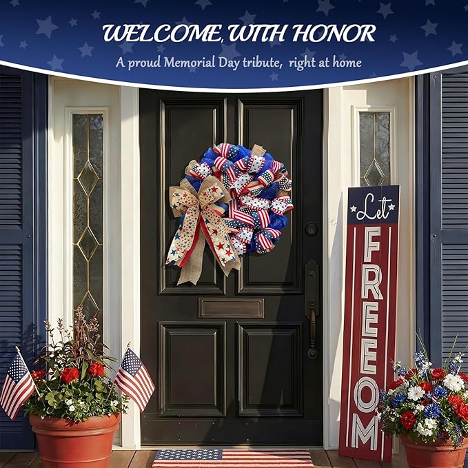 250th Anniversary Patriotic Wreaths for Front Door, 24 Inch Large 4th of July Decorations, Handcrafted Ribbon Burlap Bow, Red White and Blue Memorial Day Wreath with Lights & Storage Bag