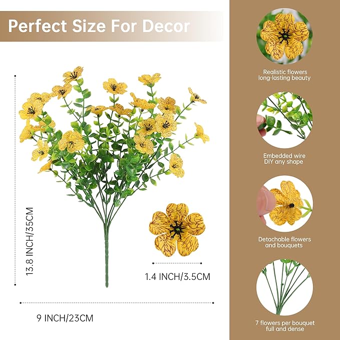 Artificial Faux Flowers Plants for Outdoors Outside Spring Summer Decoration,12 Bundles Realistic Fake Flowers Plant Greenery Silk Daisy UV Resistant Planters Balcony Porch Patio Garden Home（Yellow）