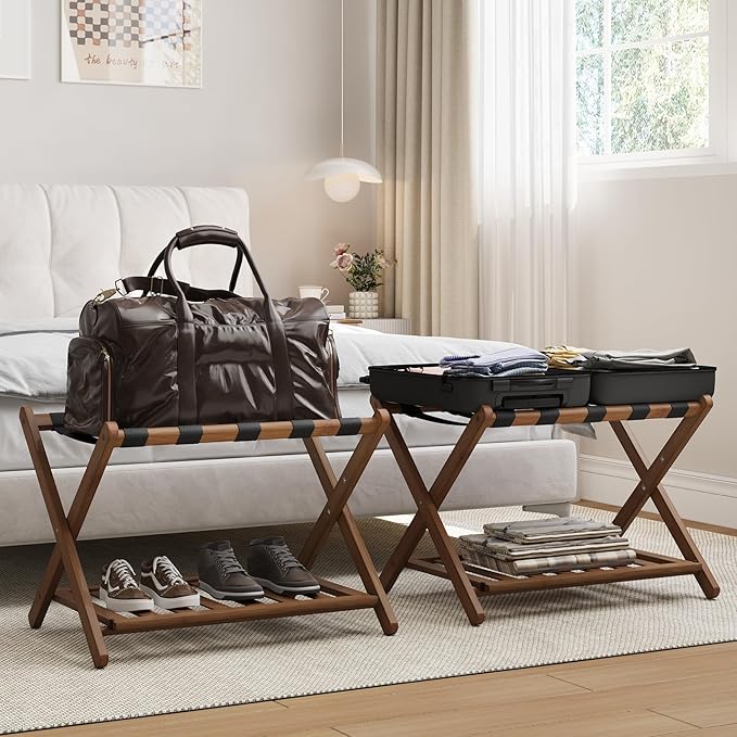 Set of 2 Fully Assembled 26.77" Dark Walnut Luggage Racks with Foldable Shoe Shelf, 5 Heavy-Duty Straps Bamboo Suitcase Stand, Luagge Holders for Guest Room Bedroom, Hotel