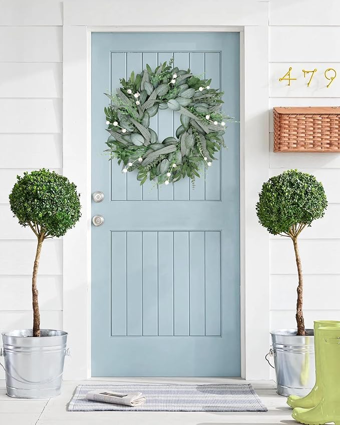 Vlorart 24 Inch Summer Wreath for Front Door, Artificial Outdoor Eucalyptus Wreath, Spring Green Wreaths for Front Door, Boxwood Wreaths with Berries and Olive Leaves for Outside Year Round