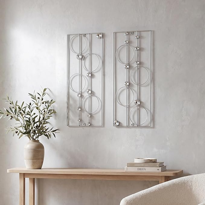 ZEXUIRU 2 Pcs. Abstract Metal Art for Wall Decor Living Room Bedroom Bathroom Office Metal Bling Modern Geometric Hanging Vertical Small Iron Sculpture Plaque Pack -Silver 24in