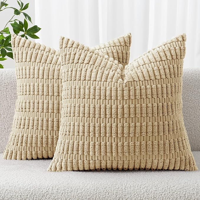 MIULEE Pack of 2 Corduroy Decorative Throw Pillow Covers 16x16 Inch Soft Boho Striped Pillow Covers Modern Farmhouse Home Decor for Sofa Living Room Couch Bed Tan