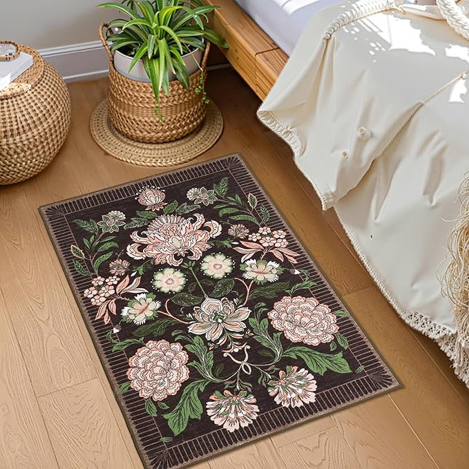 GarveeHome Plum Pink Floral 2x3 Door Mat Indoor Rugs for Entryway Small Black Purple Vintage Boho Cottage Throw Washable Non-Slip Low-Pile Rug for Bedroom Kitchen Bathroom Entrance
