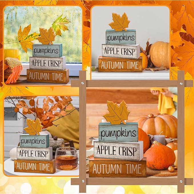 Lineshading 4 Pcs Fall Decoration for Home Wooden Maple Leaf Fall Tiered Tray Decor Thanksgiving Table Centerpiece Rustic Decorative Maple Leaf Block Signs Gift Farmhouse Autumn Decoration for Home