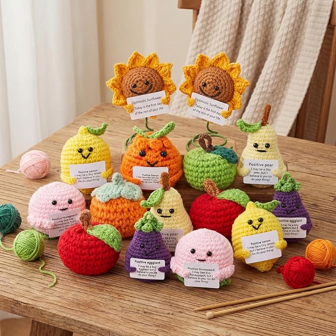 VioraWhite 18 Pcs Positive Fruit Sunflower Emotional Crochet Dolls Bulk Support Encouragement Emotional Knitted Crochet Gifts with Positive Words for Friends Coworker Decorations for Home Office