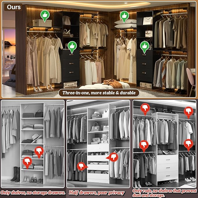 8FT Closet System, 96'' Closet Organizer System with 3 Hanging Rods, Wall Mount Bedroom Wardrobe with 3 Drawers Walk-in Closet, Adjustable Cloth Garment Rack from 5 to 8FT (Cut to Fit), Black