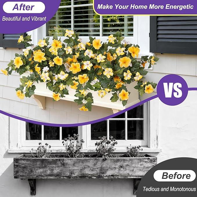 Artificial Fake Petunia Flowers for Outdoor Decoration, 2PCS Faux Silk Petunias Flower for Spring UV Resistant No Fade Realistic Plants for Garden Balcony Yard Porch Indoor Decor(Yellow White)