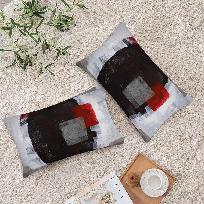 Red and Grey Abstract Art Pillow Cover, Modern Black White Decorative Throw Pillows Cushion Cover for Bedroom Sofa Living Room 12 x 20 Inch Set of 2