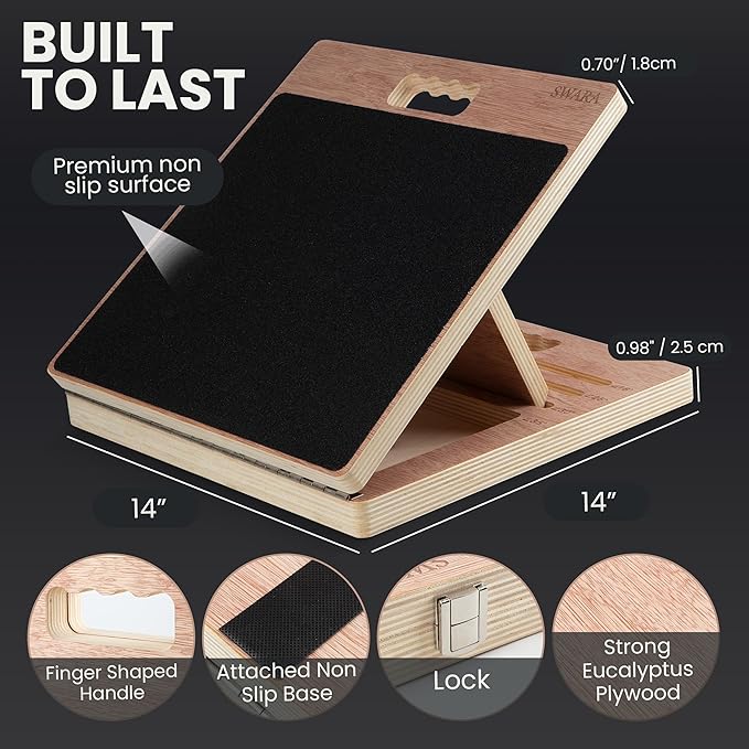14″ Wide Premium Portable Wooden Slant Board, Thicker Bottom – Professional Adjustable Calf Stretching, Beginner & Rehab Friendly, Exercise Guide and Bonus Muscle Roller, Squats, Physical Therapy