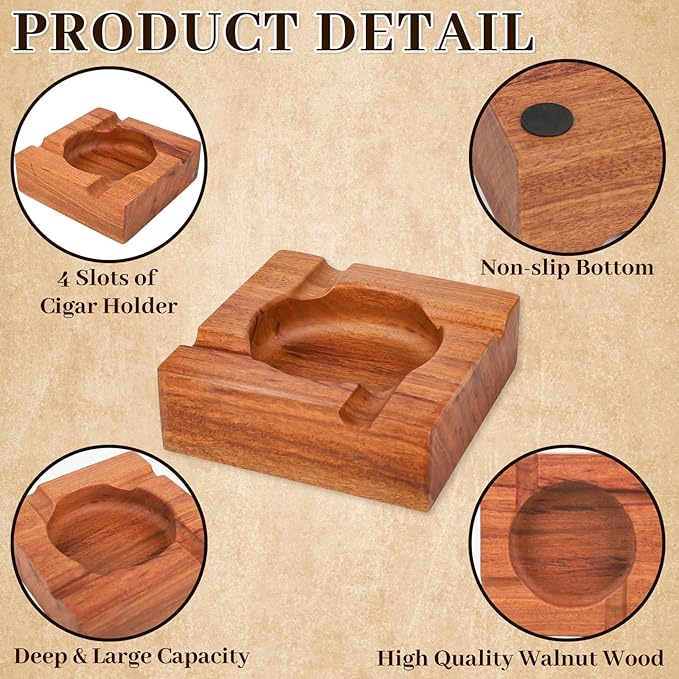 Premium Wooden Cigar Ashtray with Cigar Cutter, Large Cigarette Ash Tray Set with 4 Slot Holder, Accessories Outdoor Indoor Home Bar Use, Ideal Gift Christmas Father's day for Men