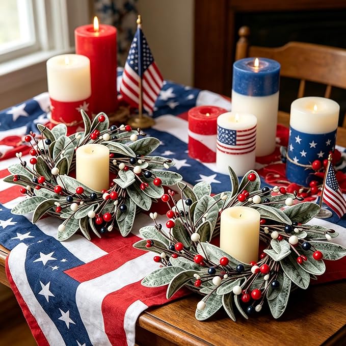 6 PCS Patriotic 4th of July Hanging Wreaths for Cabinets Small Independence Day Wreaths for Front Door with Red White Blue Berries & Lamb's Leaves Memorial Day Labor Day Mini Wreath for Home Decor