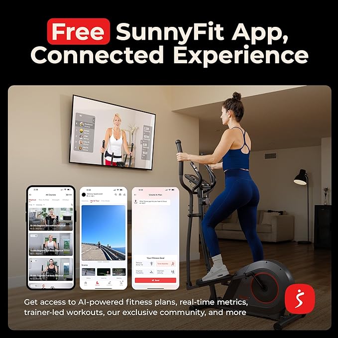 Sunny Health & Fitness Smart Upright Elliptical w/Pulse Sensor Built-in, Indoor Full-Body Cross-Training & Cardio Exercise Machine for Home, Free SunnyFit App Connection