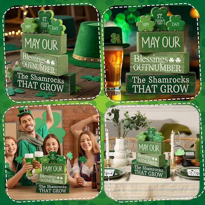 Lineshading 4 Pcs St. Patrick's Day Decor Wooden Shamrock Decoration Saint Patty's Day Tiered Tray Decor Rustic Wooden Shamrock Block Sign Irish Table Centerpiece Farmhouse for Party Home Kitchen