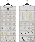 SMRITI Hanging Jewelry Organizer with Dual Zippered Pockets Canvas Double Sided Rotating Hanger Necklace Hanging Wall Organizer Earring Dustproof Holder Wall Mount Accessories Display Bag(Light Grey)