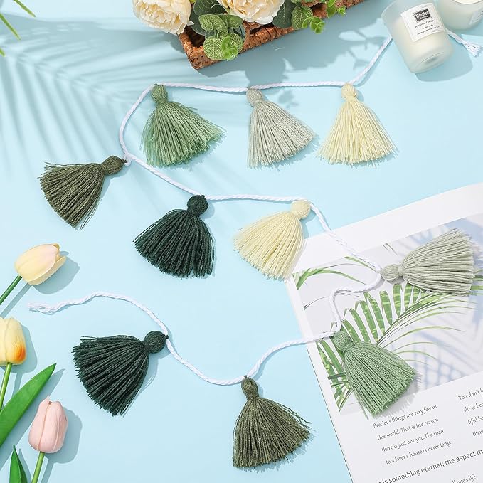 WILLBOND 4 Pieces Tassel Garland Sage Green Forest Garland for Classroom Wall Dorm Decor Boho Pastel Cotton Tassel Banners for Party Schooll(3.1 Inch, Green Colors)