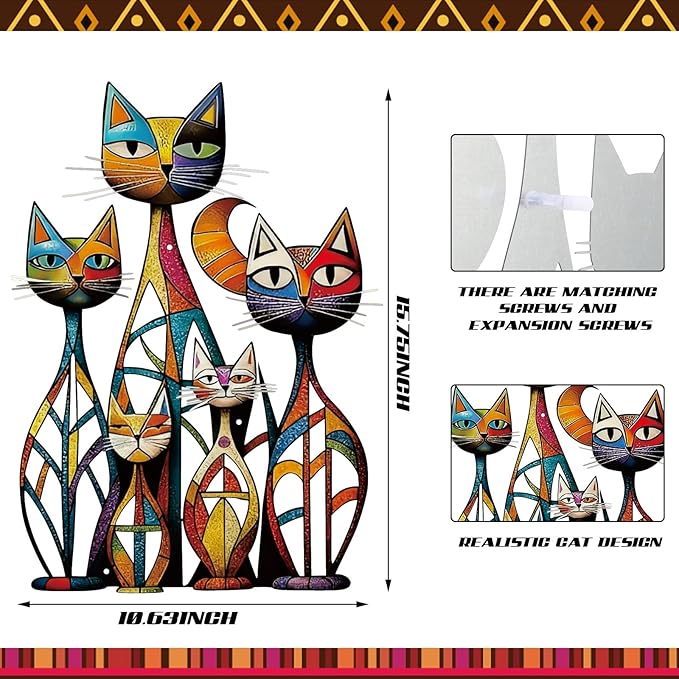 Wesiti Cat Wall Art Decor Iron Wall Sculptures Decor for Cats Lover 10.6 x 15.7 Inches Colorful Retro Mid Century Cat Signs for Home Living Room Bedroom Kitchen Office(Novel)