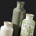 Vintage Vase Set of 3, Ceramic Vintage Flower Vases, Chinoiserie Decorative Home Decor Retro Floral Vase Rustic Farmhouse Decor for Table Bookshelf Mantel Kitchen Living Room Office - Green and Beige