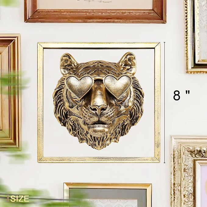 Newinhome Animal Heads Wall Decor (Includes Metal Frame) Resin Animals Sculptures Head Wall Hanging Decoration Gold vintage Wall Sculpture for Living Room Bedroom Office(Tiger)
