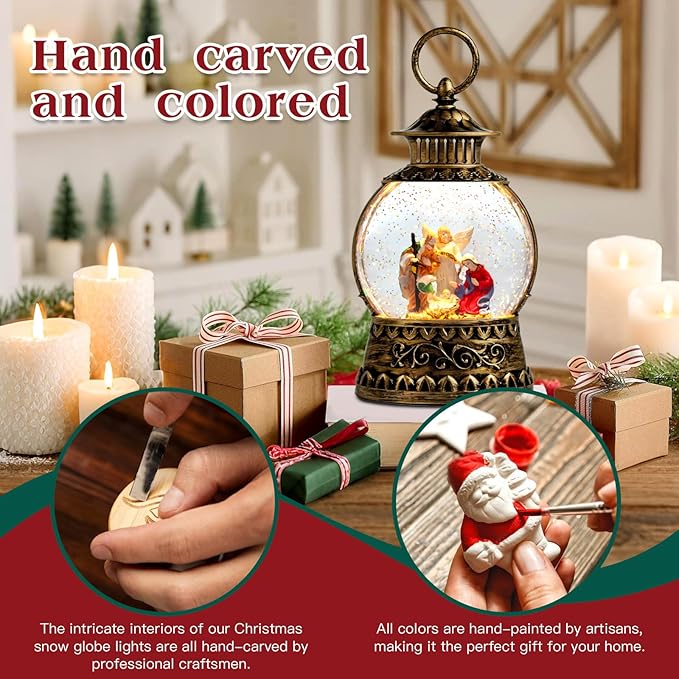 Christmas Nativity Snow Globe, Nativity Musical Snow Globe Lantern Lights with 6H Timer Battery & USB Powered, Retro Style Holiday Glitter Globe for Xmas Home Decoration Holiday Party Gifts