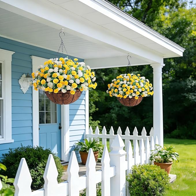 Artificial Flowers for Outdoors Decoration, 6 Bundles Silk Marigold Flower UV Resistant Look Real Faux Plants for Garden Porch Planter Patio Balcony Yard Home Decor (Yellow White)