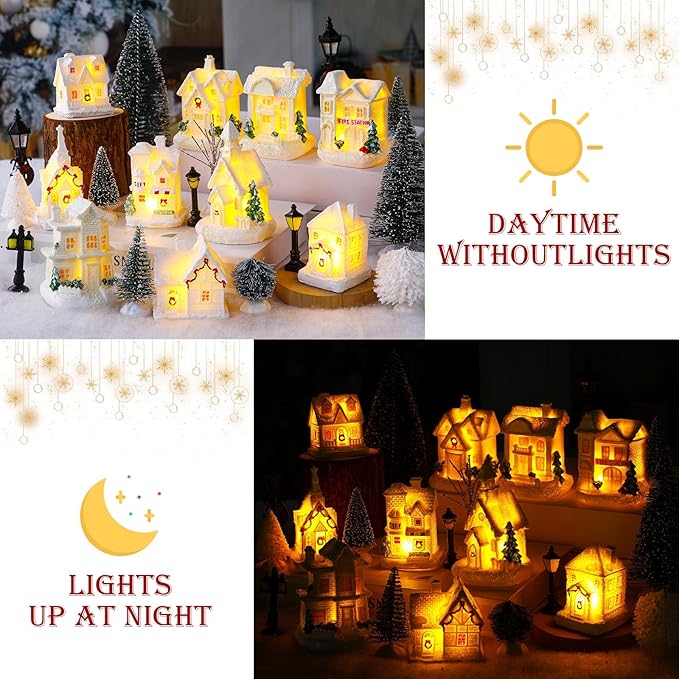 Shappy 48 Pcs Christmas Village Houses Town Buildings Accessories 10 Light up Christmas Village House 12 Mini Trees 12 LED Lights 2 Snow Blanket Box for DIY(Fresh Style)